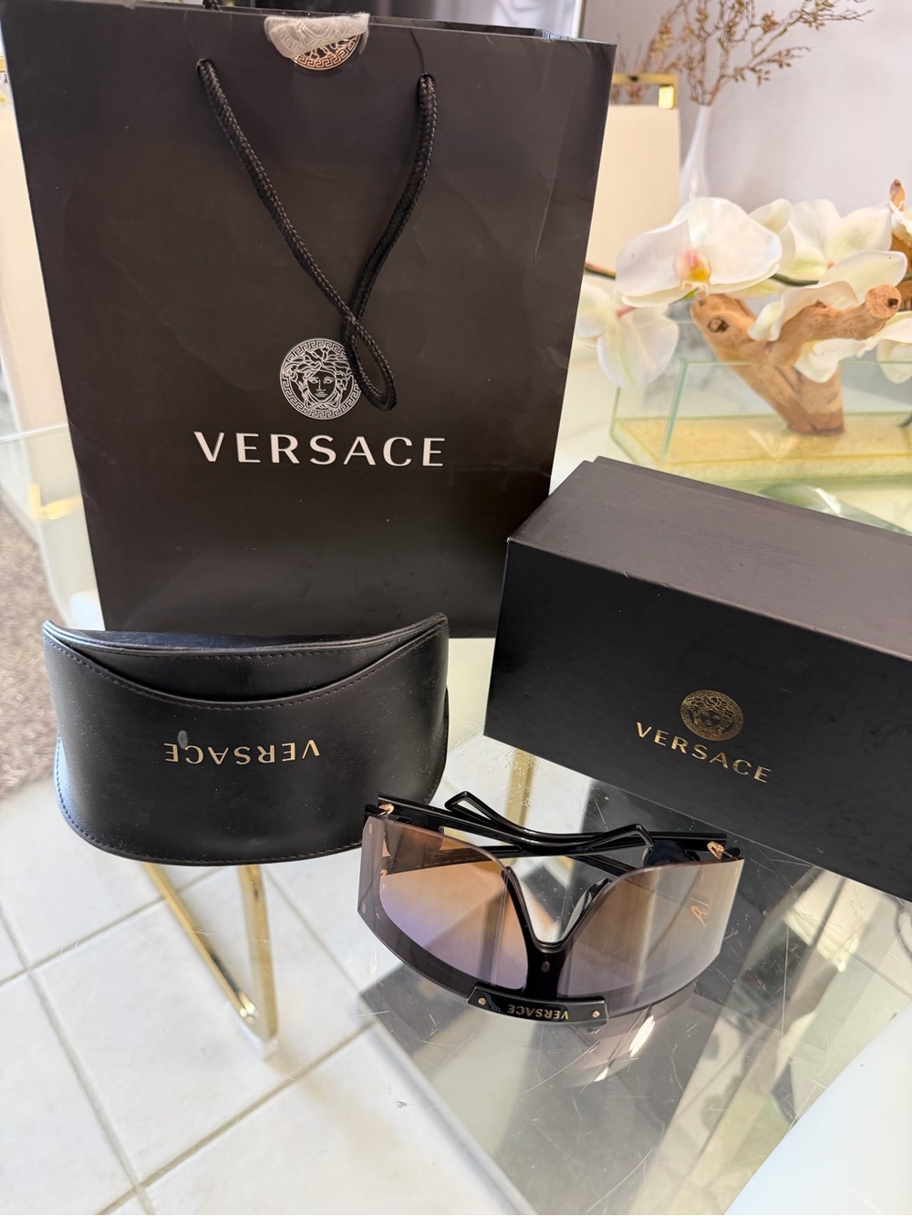 Versace Black Frame Brown Gradient Shield Sunglasses